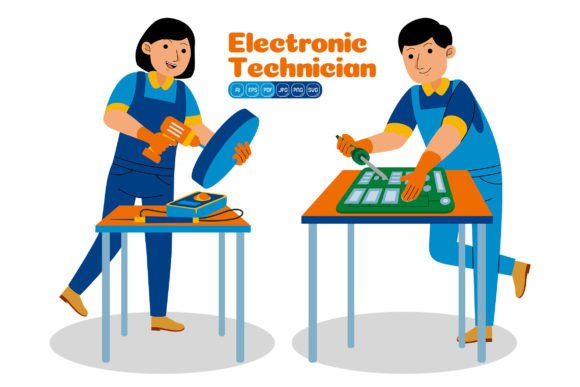 Man and Woman Electronic Technician Vector Illustrations: Real-World Uses for Creators and Professionals