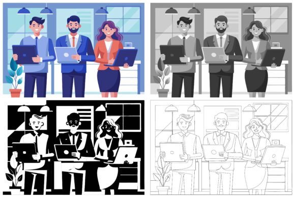 Visual Collaboration: How Male Colleagues Working Together on Lapt Illustrations Define Modern Teamwork